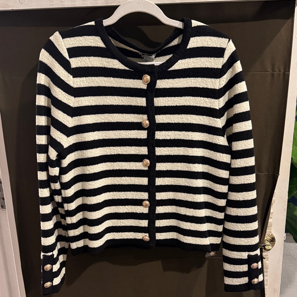 Elegant Black and White Striped Women's Cardigan